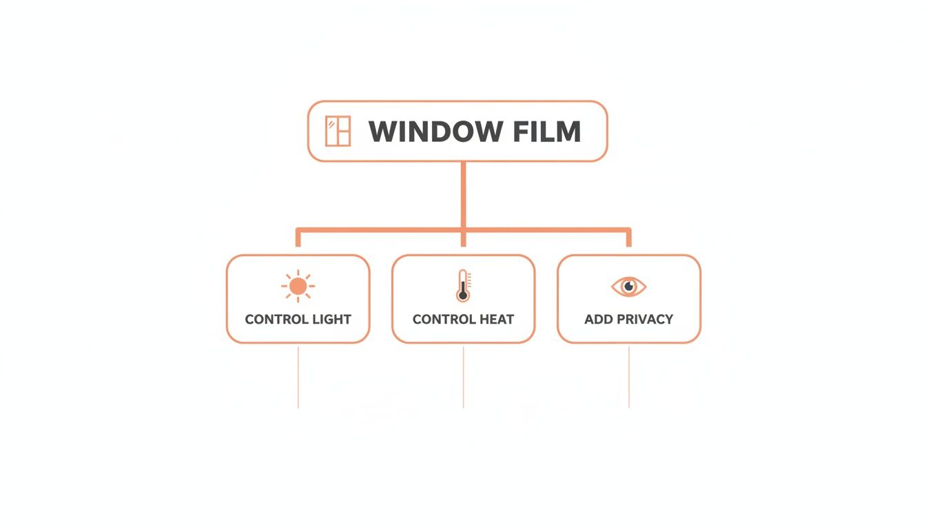 A diagram illustrates window film benefits: controlling light, controlling heat, and adding privacy.