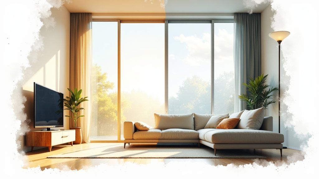 A bright, modern living room with large windows, a sectional sofa, a TV, and a floor lamp.