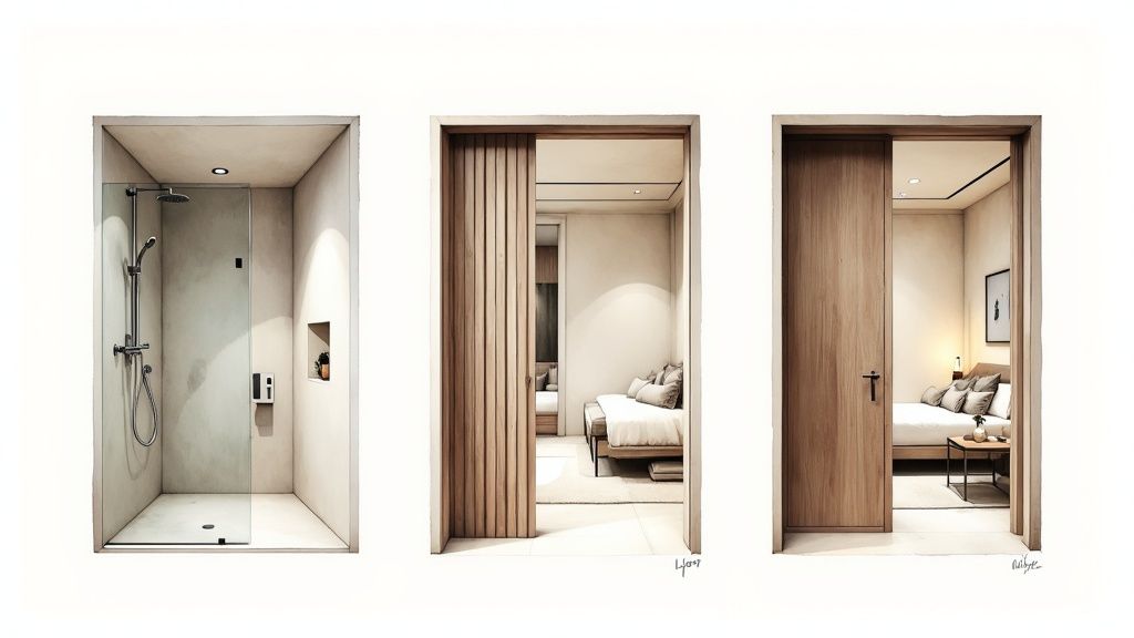 A sleek hotel room where a smart glass film partition separates the bedroom from the bathroom, shown in its opaque state for privacy.