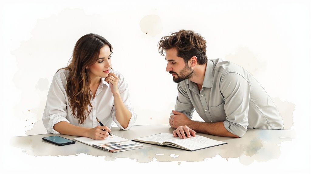 Two professionals, a man and a woman, collaborate at a desk with books and a notebook.