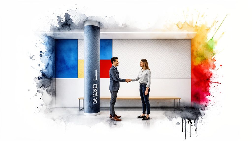 Two professionals shake hands in a modern office with colorful abstract wall art and watercolor effects.