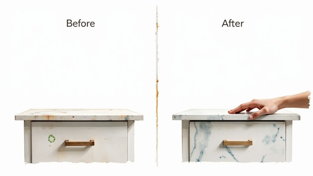 Before and after comparison of a dirty white cabinet transformed with a blue marbled vinyl wrap.