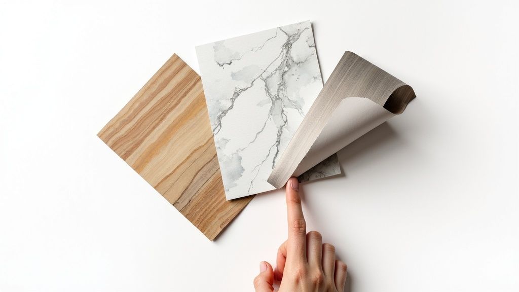 A close-up of different architectural vinyl wrap samples, showing various textures like wood, marble, and matte finishes.