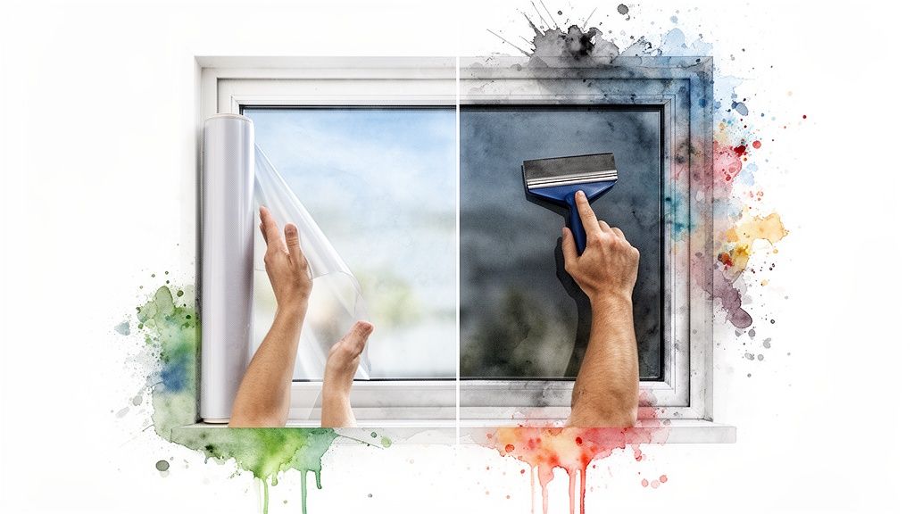 Hands applying clear window film on one side, and smoothing dark tint with a squeegee on the other.