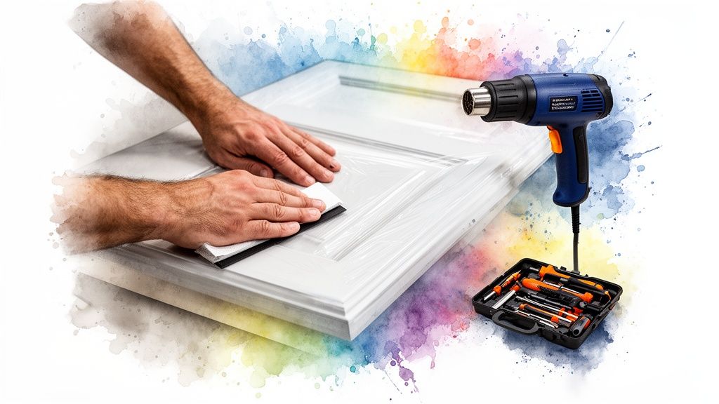 Hands applying white adhesive wrap to a cabinet door with a heat gun and toolkit.