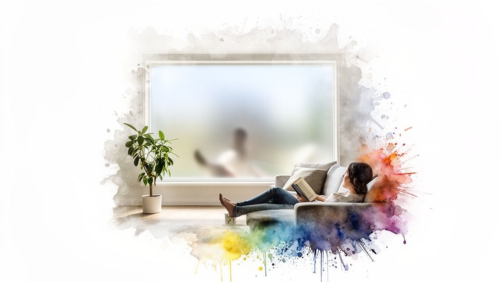 Woman reading a book on a sofa with a plant and a large privacy window.