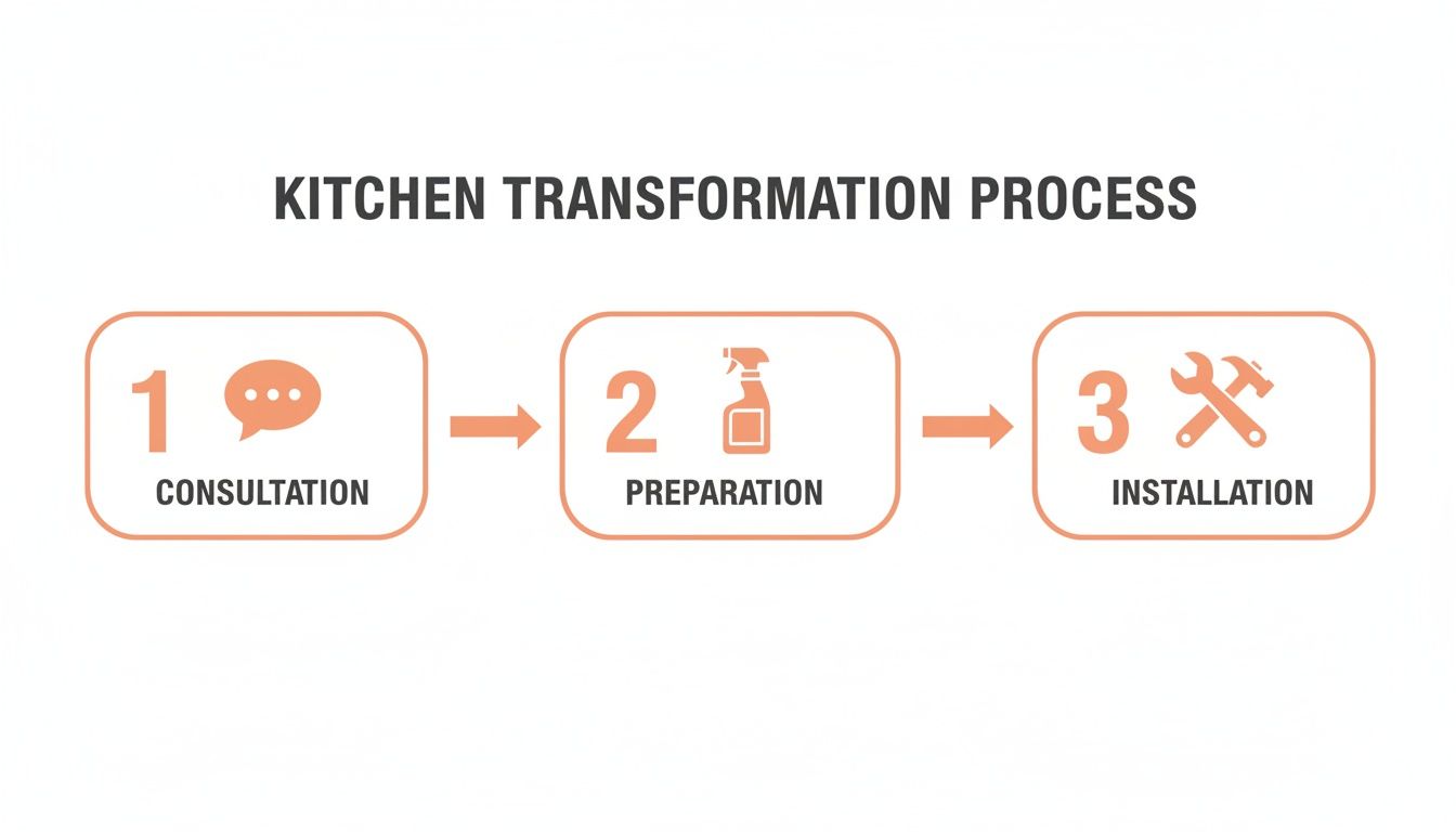 A three-step kitchen transformation process flowchart showing consultation, preparation, and installation.