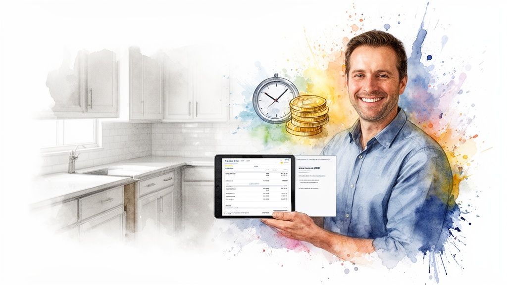 A smiling man holds a tablet displaying project data, with a kitchen sketch, clock, and money.