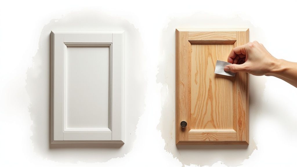 Two cabinet doors, one white painted, the other raw wood being sanded for finishing.