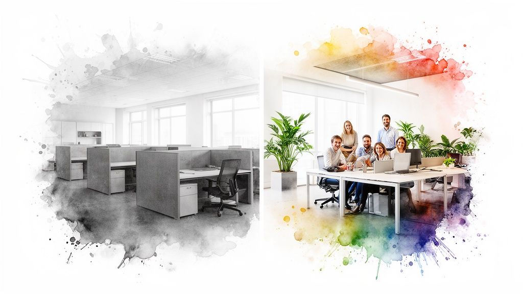 Empty grayscale office cubicles contrasting with a vibrant, colorful office of happy, collaborating people.