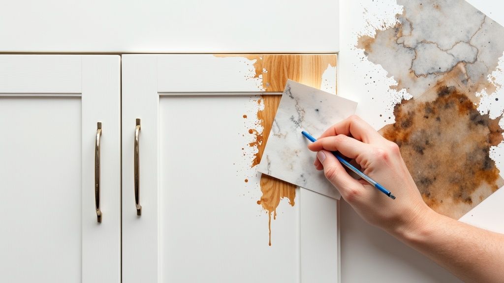 A hand paints faux wood grain and coffee-like splashes on white kitchen cabinets.