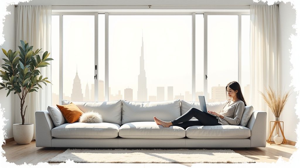 A woman relaxes on a modern white sofa, using a laptop, with a panoramic window revealing a Dubai city skyline.