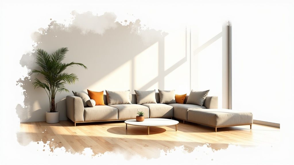 A modern living room featuring a beige L-shaped sectional sofa, orange pillows, and a large potted plant.