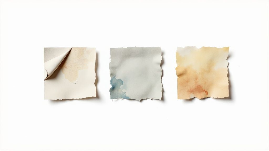 Three torn pieces of paper with watercolor stains, one corner peeled, on a white background.