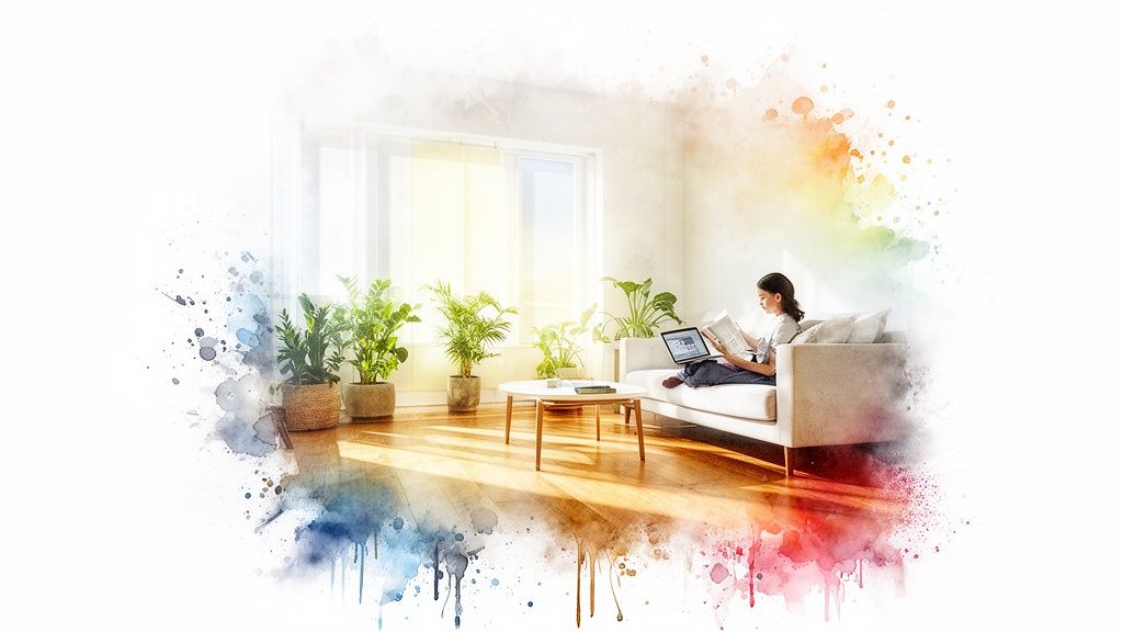 A woman relaxing on a sofa in a bright, plant-filled living room, framed by colorful watercolor splashes.