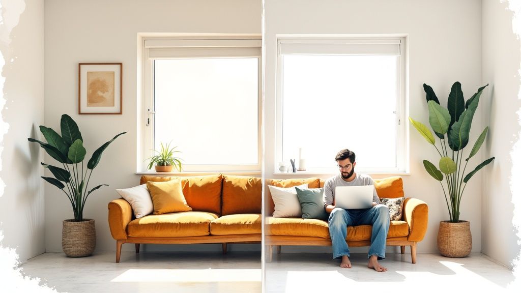 A bright, modern living room with large windows treated with glass tinting film, showing a clear view outside with reduced glare.