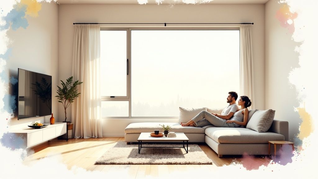 A modern living room with large windows tinted to reduce glare and protect interiors.