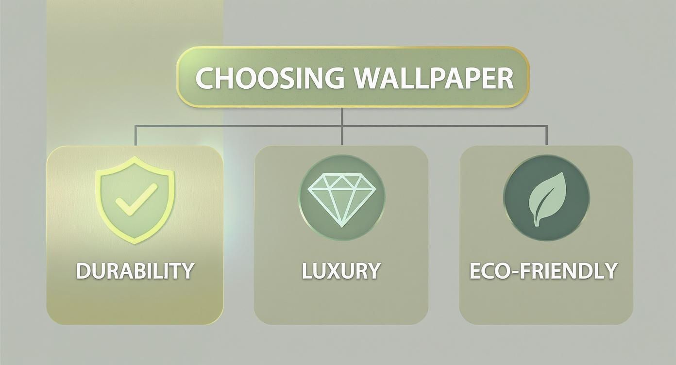 A diagram outlining key factors for choosing wallpaper: durability, luxury, and eco-friendly.