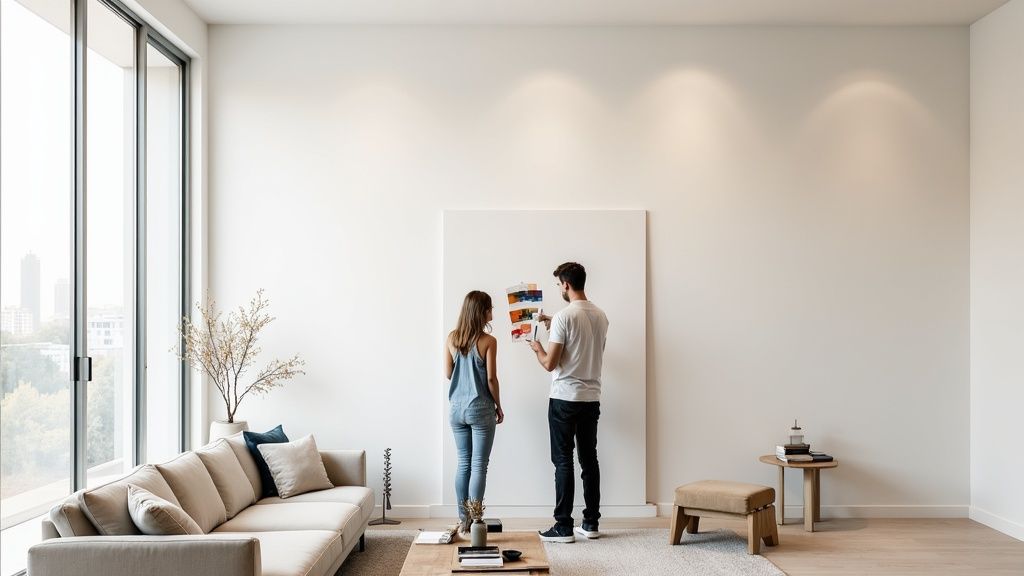 A couple consults paint swatches on a large white canvas in a modern living room.
