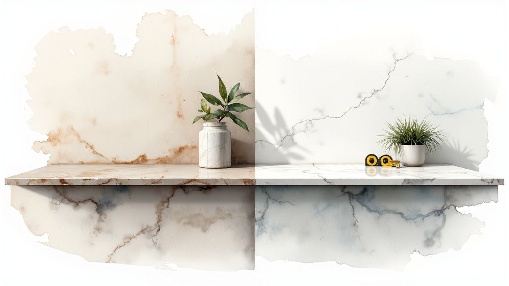 A modern kitchen showcasing a wrapped countertop with a realistic marble finish.