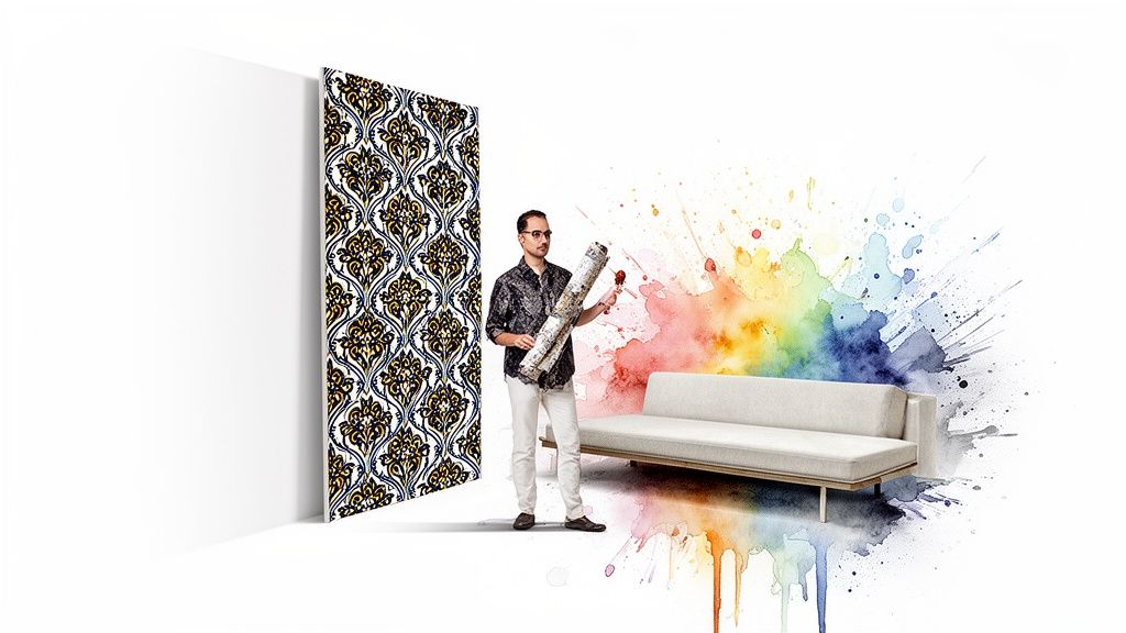 A man holding wallpaper rolls next to a patterned wall and a sofa with colorful paint splashes.