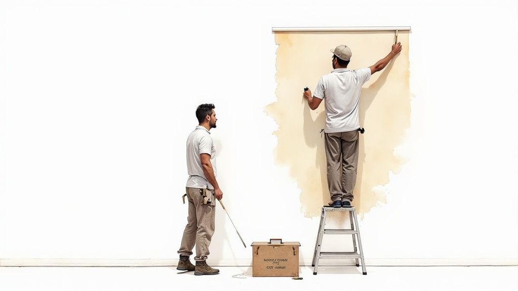 Two men install a beige wallpaper roll onto a white wall, one on a ladder.