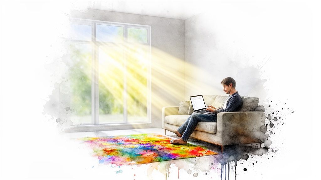 Man working on a laptop from a sofa at home, with sunlight through a large window and a colorful rug.