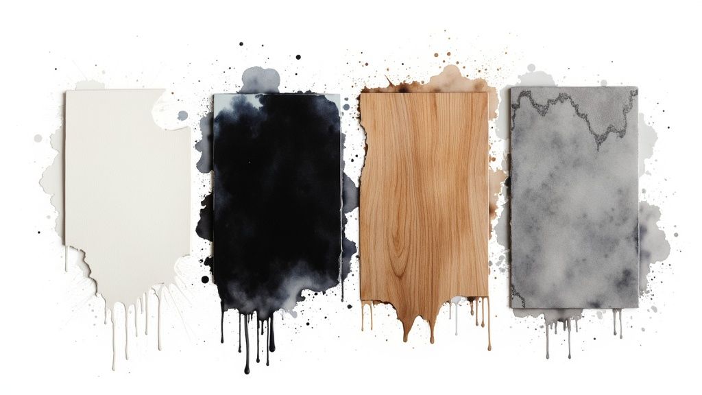 A close-up of different vinyl wrap finish samples, showing matte, high-gloss, wood, and marble textures.