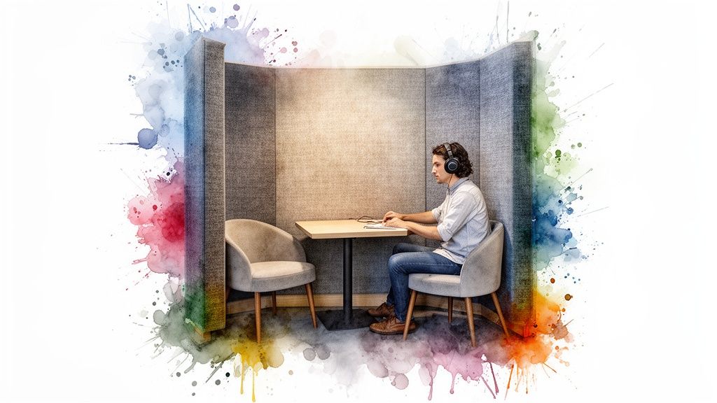 A man in headphones sits at a table in a soundproof booth, focused on work.