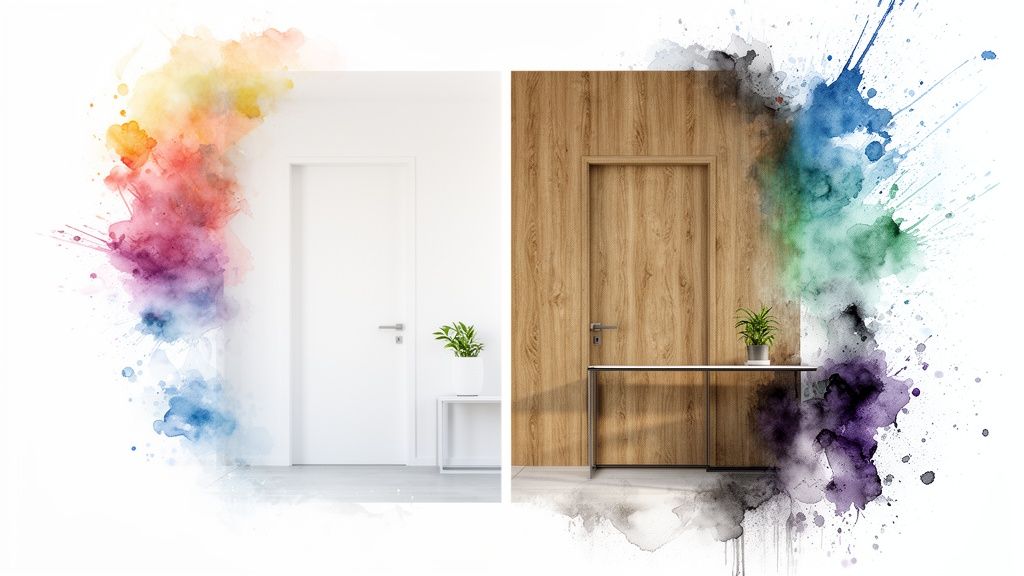 Two side-by-side interior designs, one white and one wooden, both with doors and plants, surrounded by watercolor splashes.
