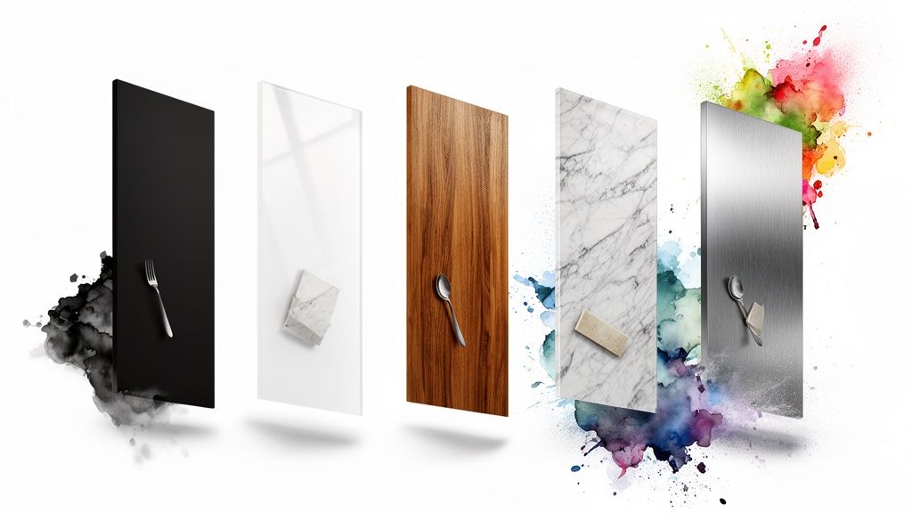 Five vertical kitchen material samples: black, white, wood, marble, and brushed metal with utensils.