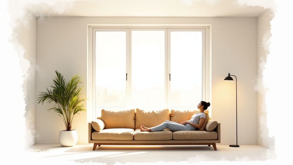 A woman relaxes on a sofa by large windows in a bright room with a plant and lamp.