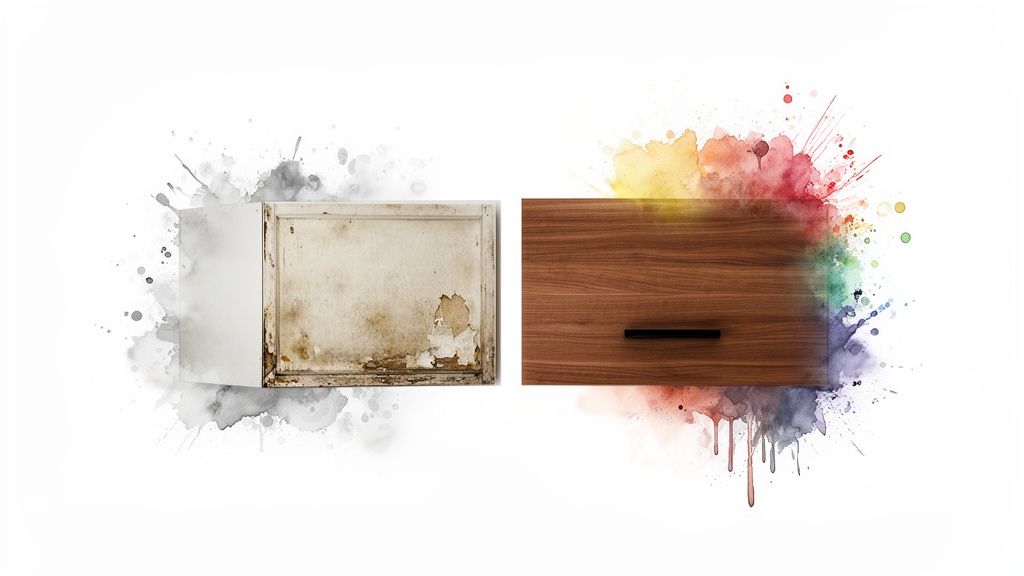 Transformation from a damaged white cabinet door to a modern brown wooden one, with paint splashes.