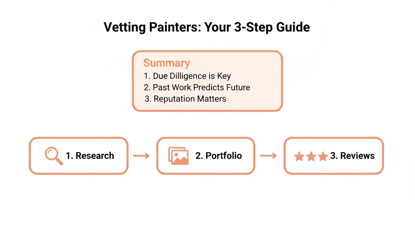 A 3-step guide for vetting painters, covering research, portfolio review, and checking reviews, with a summary.