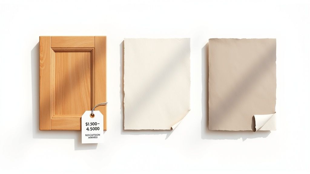 Three samples: a light wooden cabinet door with a price tag, and two textured paper sheets on a white background.