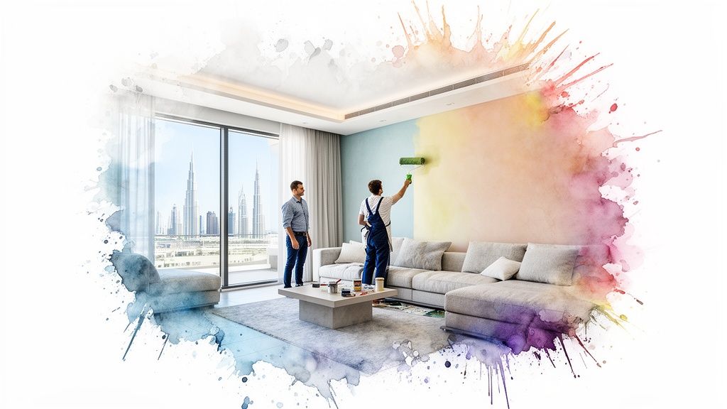Two men in a modern living room, one painting a colorful watercolor wall, the other observing.