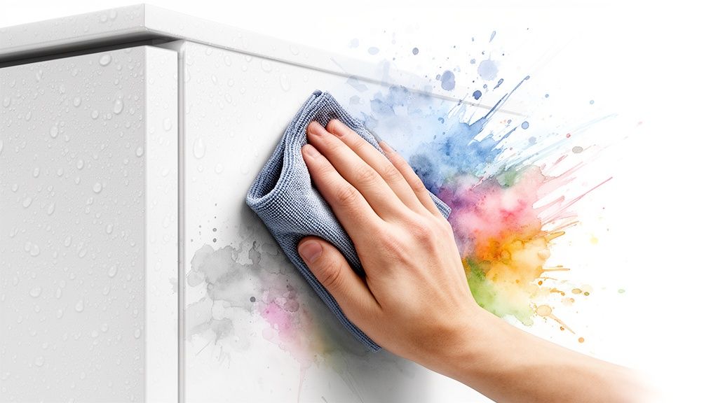 A hand wipes colorful paint splashes from a white, water-resistant wardrobe door with a blue cloth.