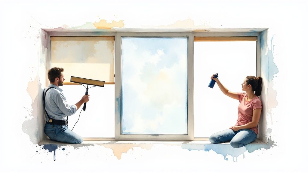 A man with a squeegee and a woman with a spray bottle cleaning a window.