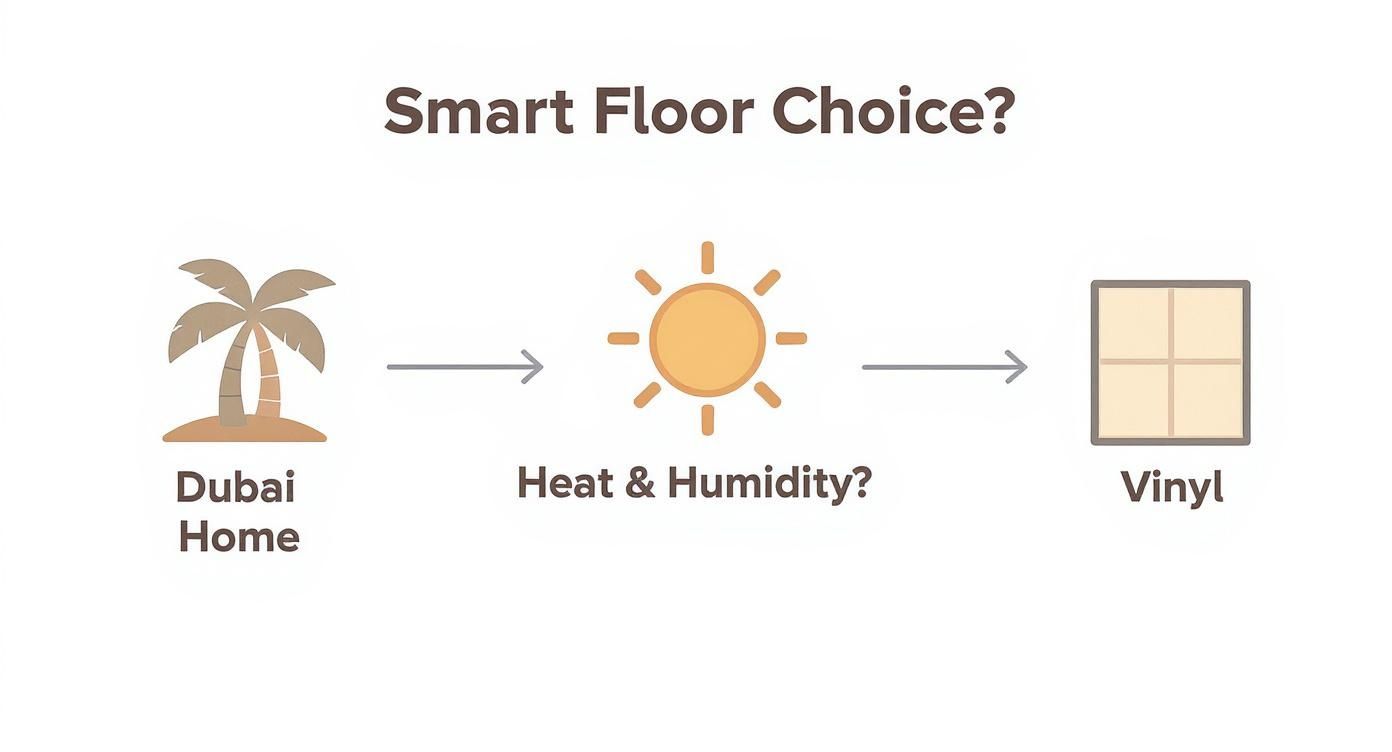 Infographic showing Dubai home with heat and humidity leading to vinyl flooring choice