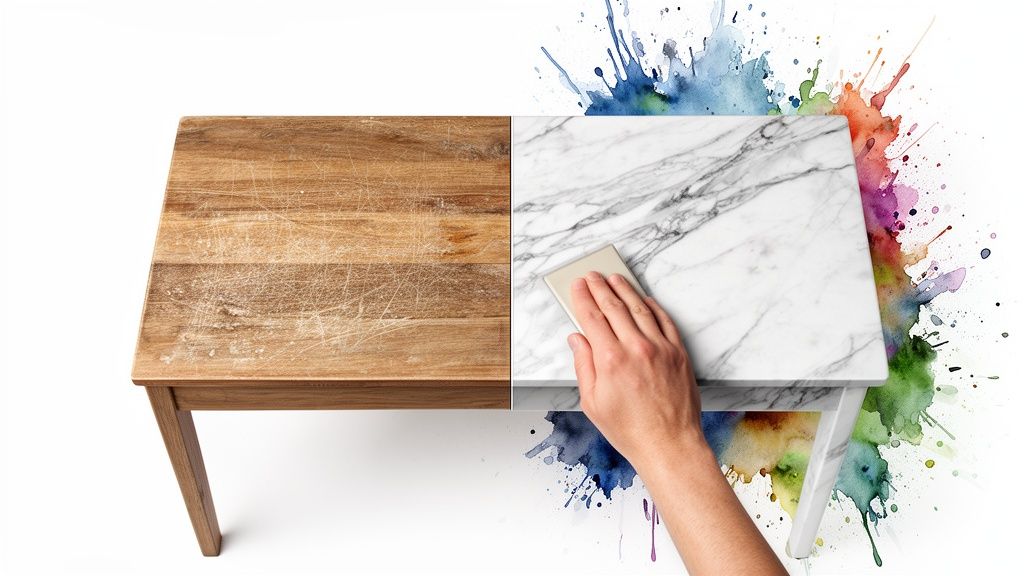 Transformation of a worn wooden table into a sleek marble top, with a hand cleaning it.