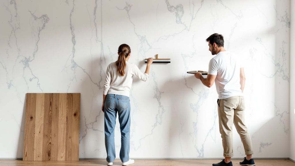 A detailed close-up of a high-quality, textured wall wrap resembling dark, elegant wood panels.