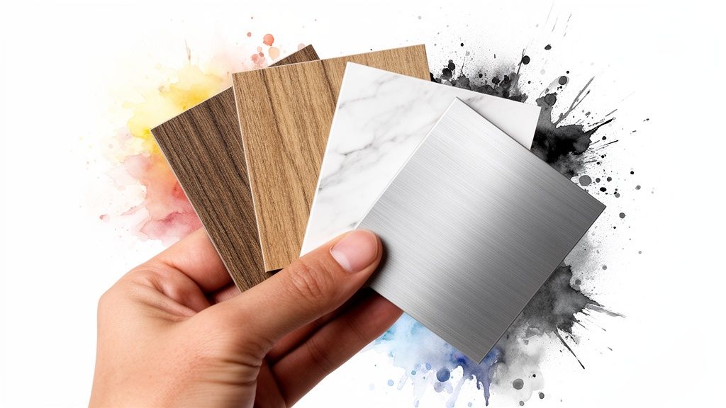 A hand holds up various material samples including wood, marble, and brushed metal for design.