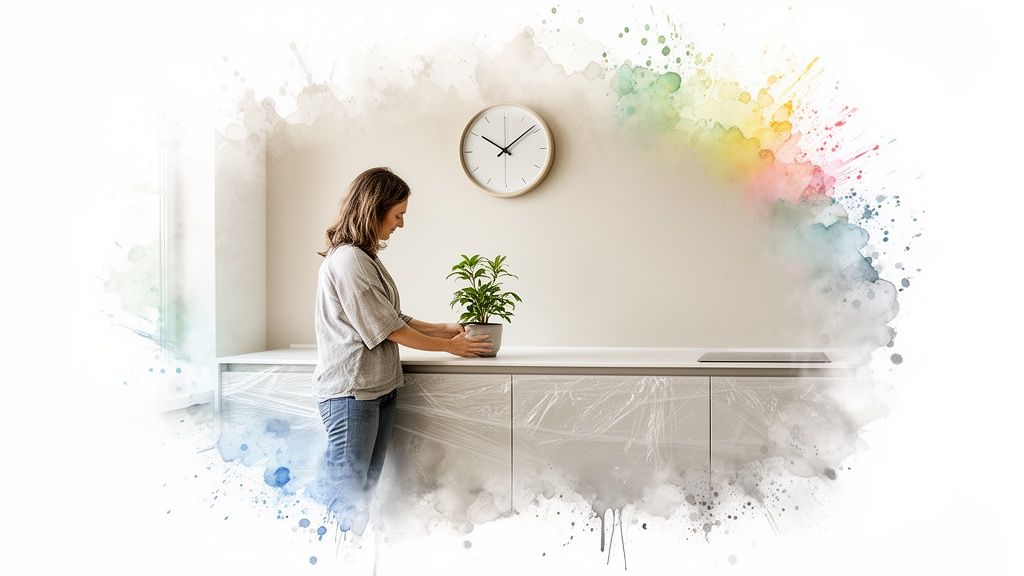 Woman placing a plant on a white kitchen counter, showing cupboards covered in protective film.