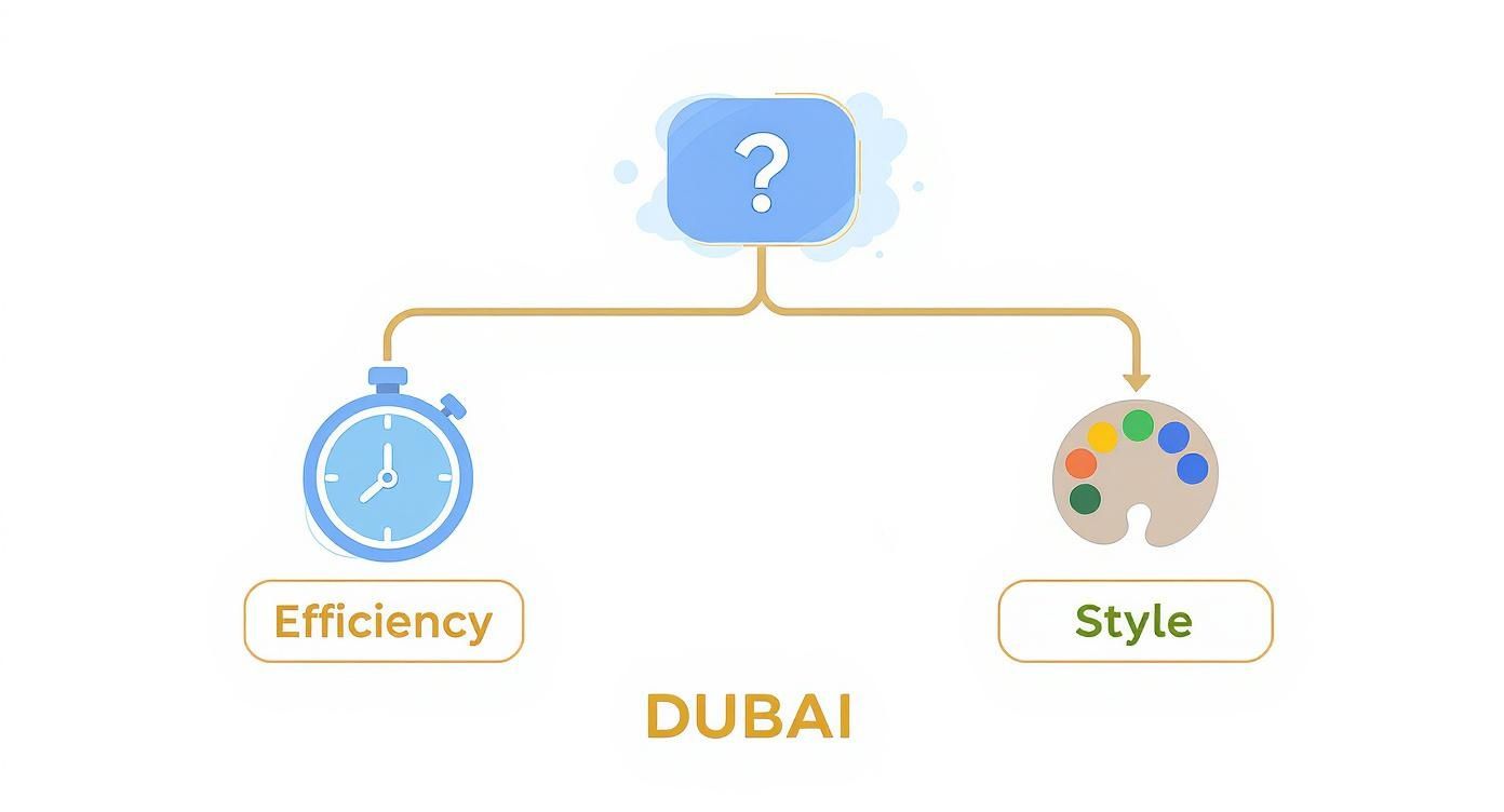 Infographic decision tree comparing painting and wrapping based on efficiency and style.