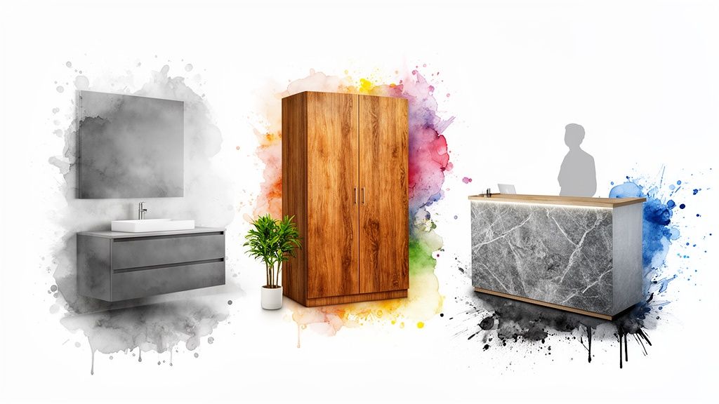 Three distinct furniture items: a bathroom vanity, a wooden wardrobe, and a marble reception desk, each with watercolor accents.