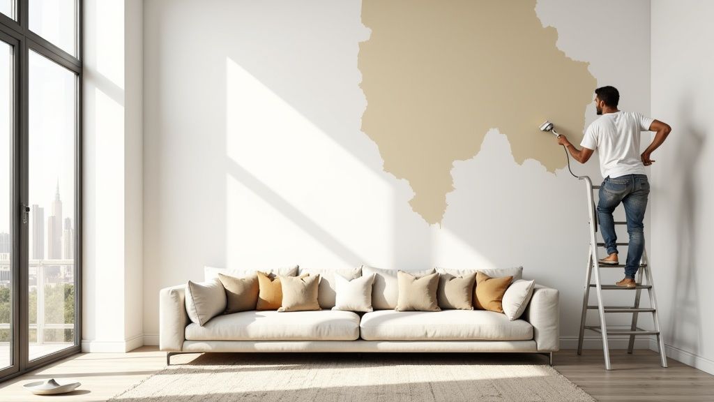 A man on a ladder spray paints a beige accent wall in a bright, modern living room.