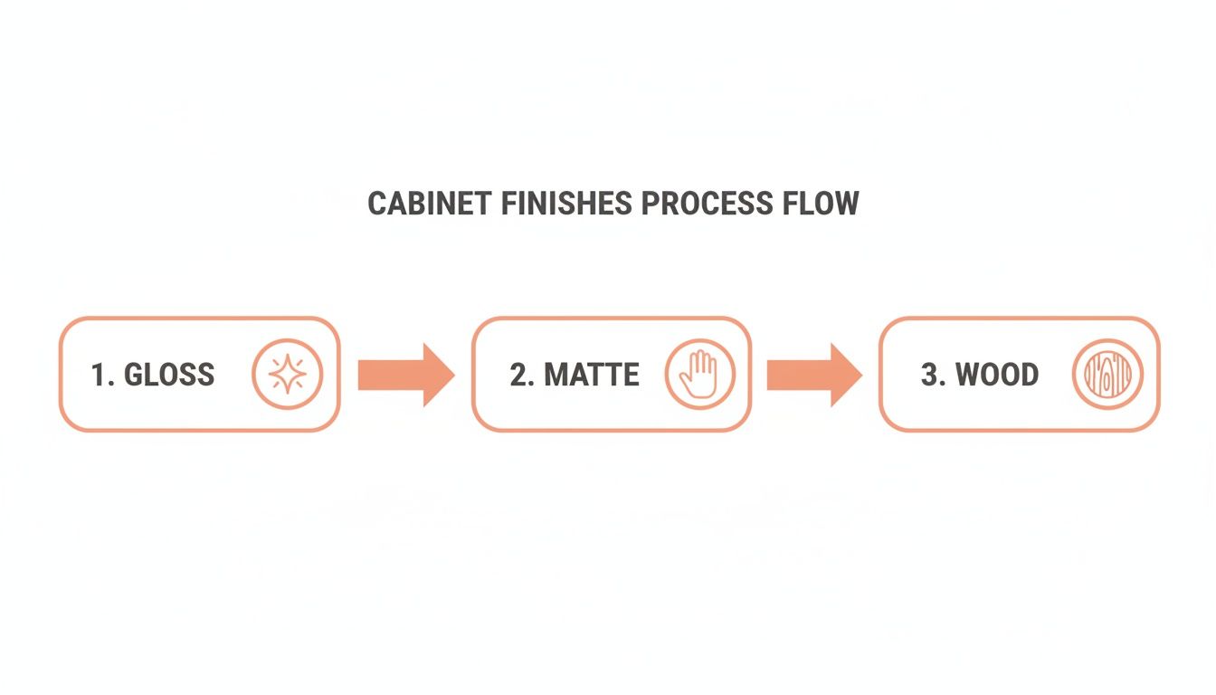 A process flow diagram shows three cabinet finishes: 1. Gloss, 2. Matte, and 3. Wood.