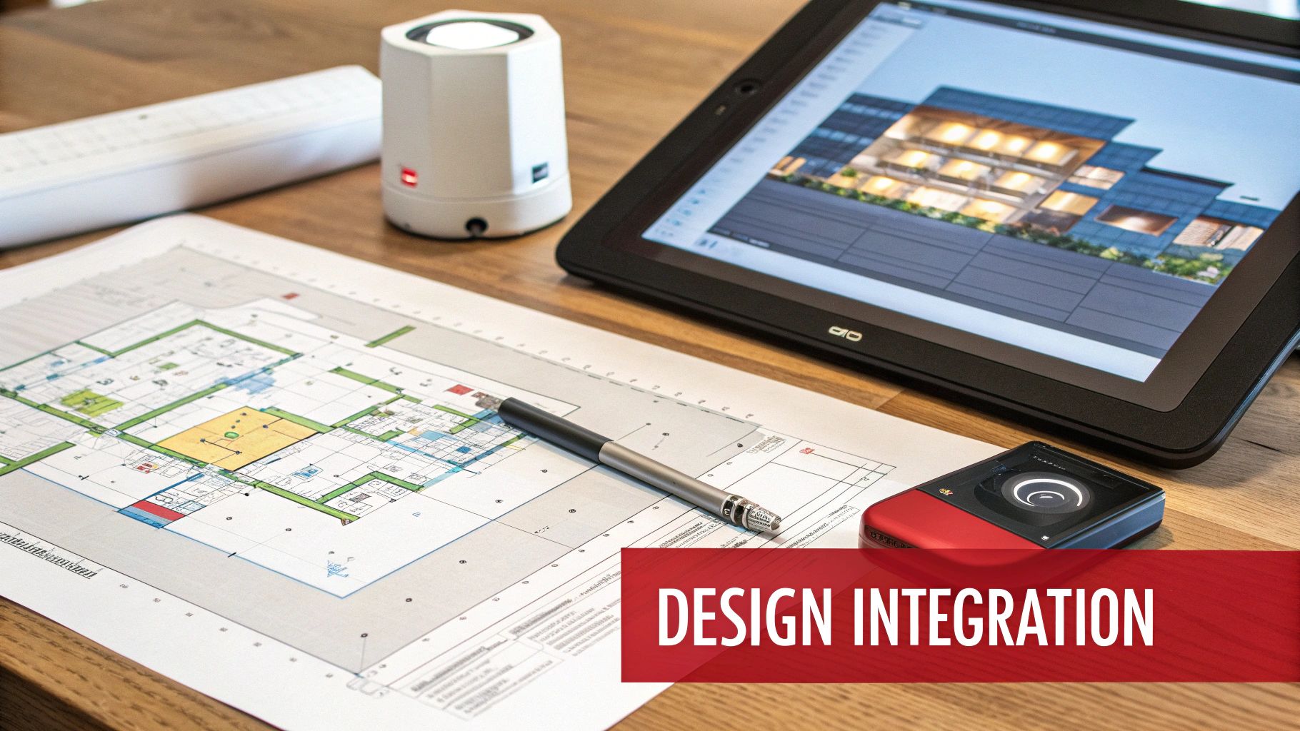 An architectural design workspace with blueprints, a tablet showing a 3D building render, and smart devices.