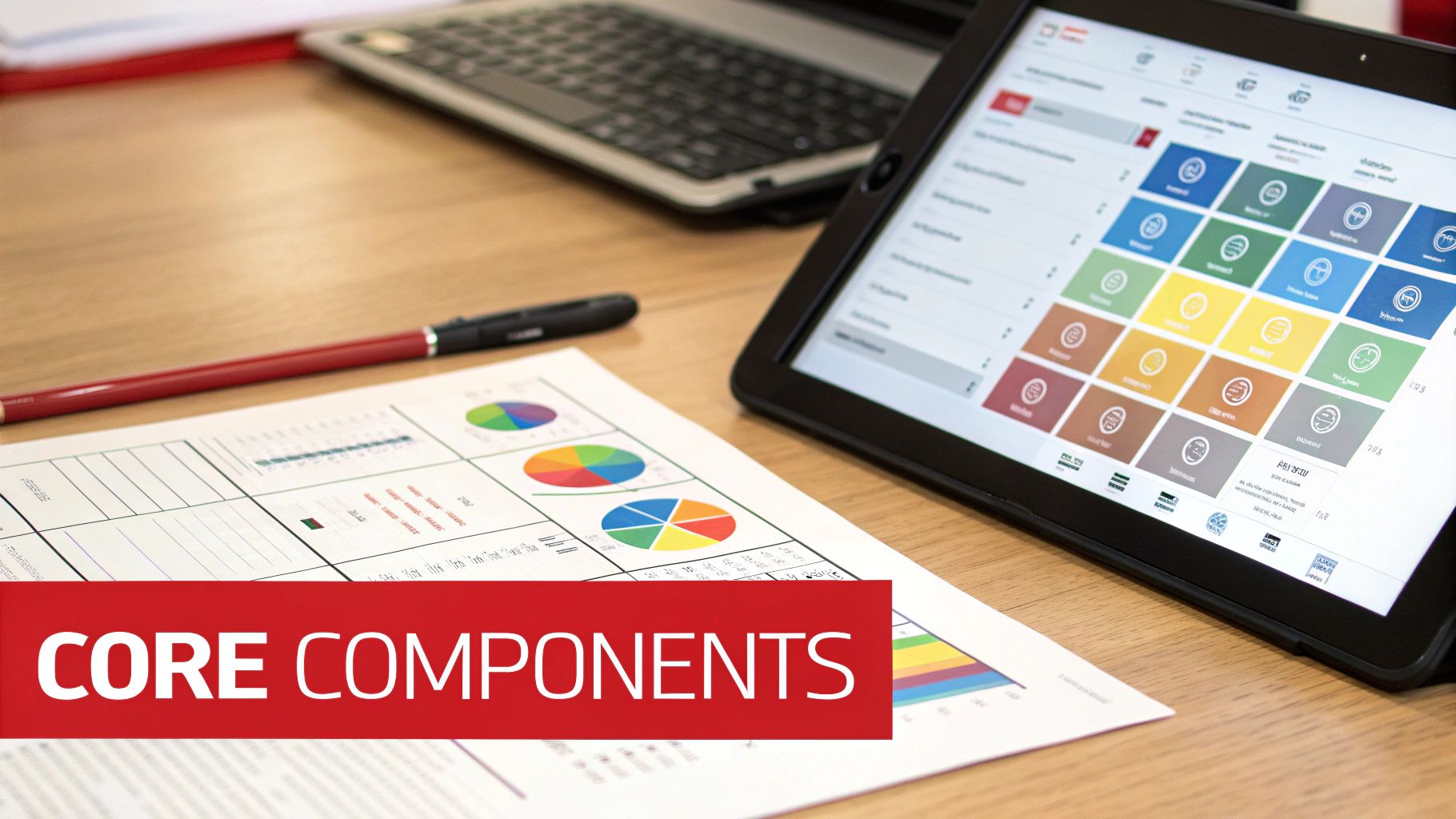A digital workspace with a tablet displaying app icons, a laptop, and a document showing business analytics charts.