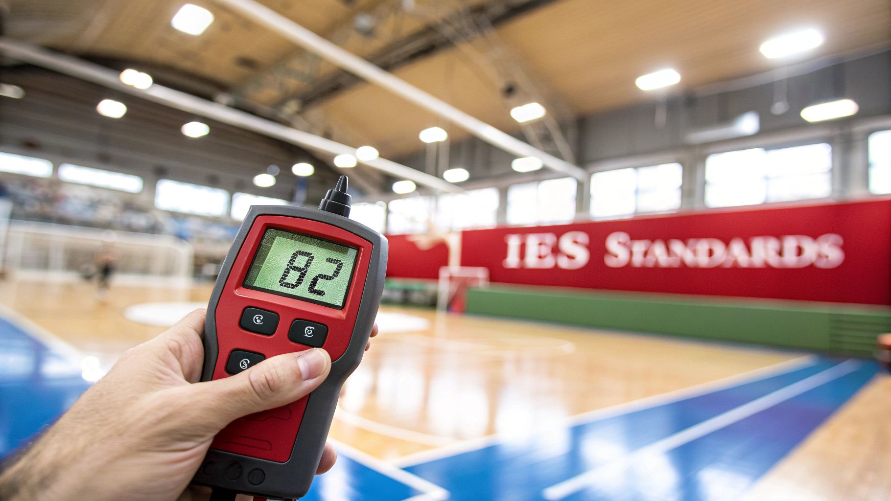 Hand holds a light meter displaying '82' inside a basketball court with IES STANDARDS banner.